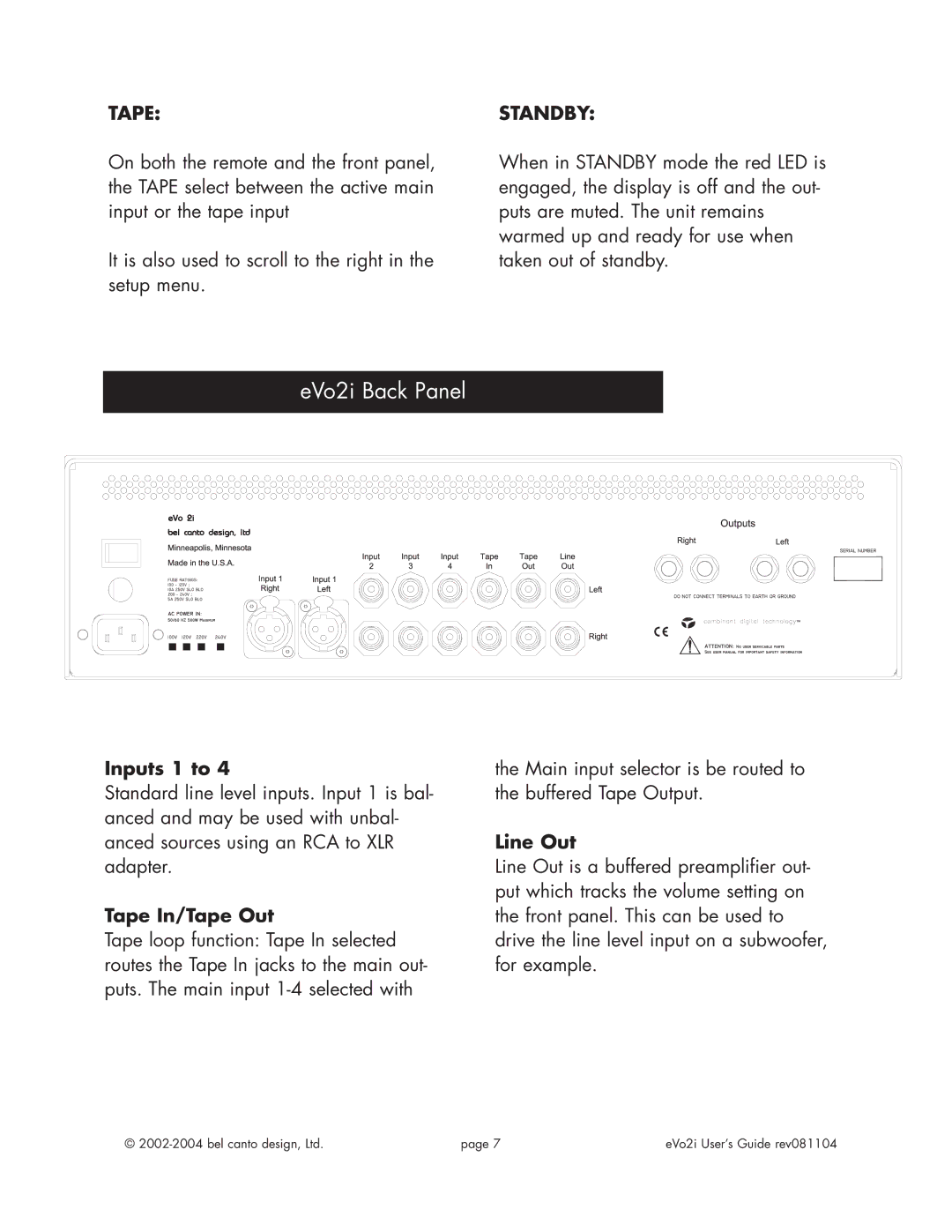 Bel Canto Design eVo2iTM manual EVo2i Back Panel, Inputs 1 to, Tape In/Tape Out, Line Out 