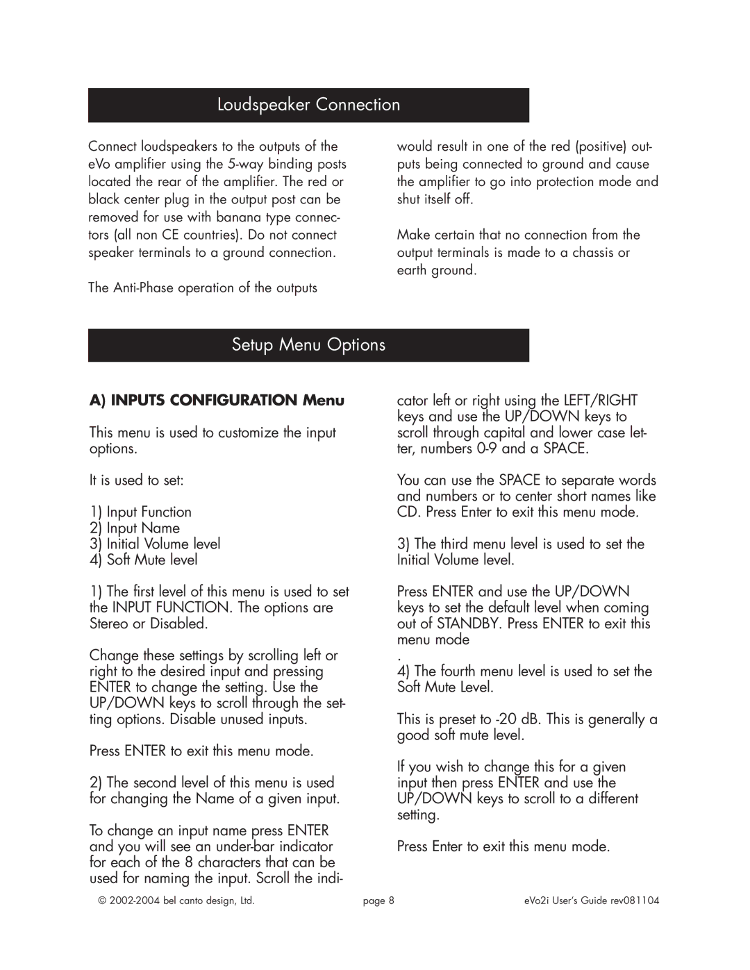 Bel Canto Design eVo2iTM manual Loudspeaker Connection, Setup Menu Options, Inputs Configuration Menu 