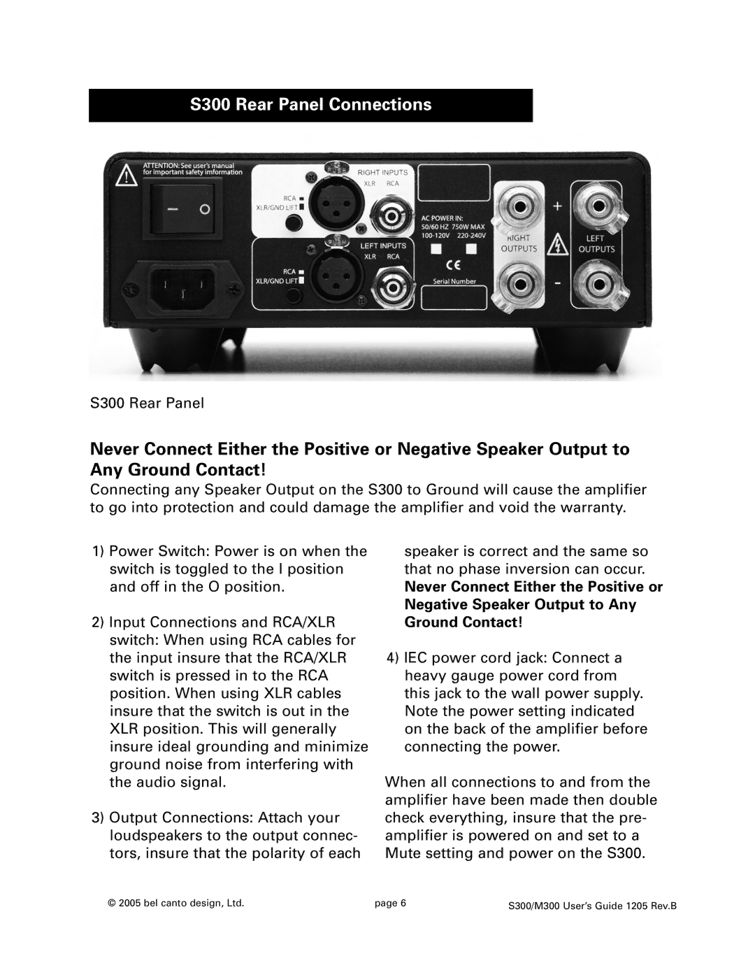 Bel Canto Design M300 manual S300 Rear Panel Connections 