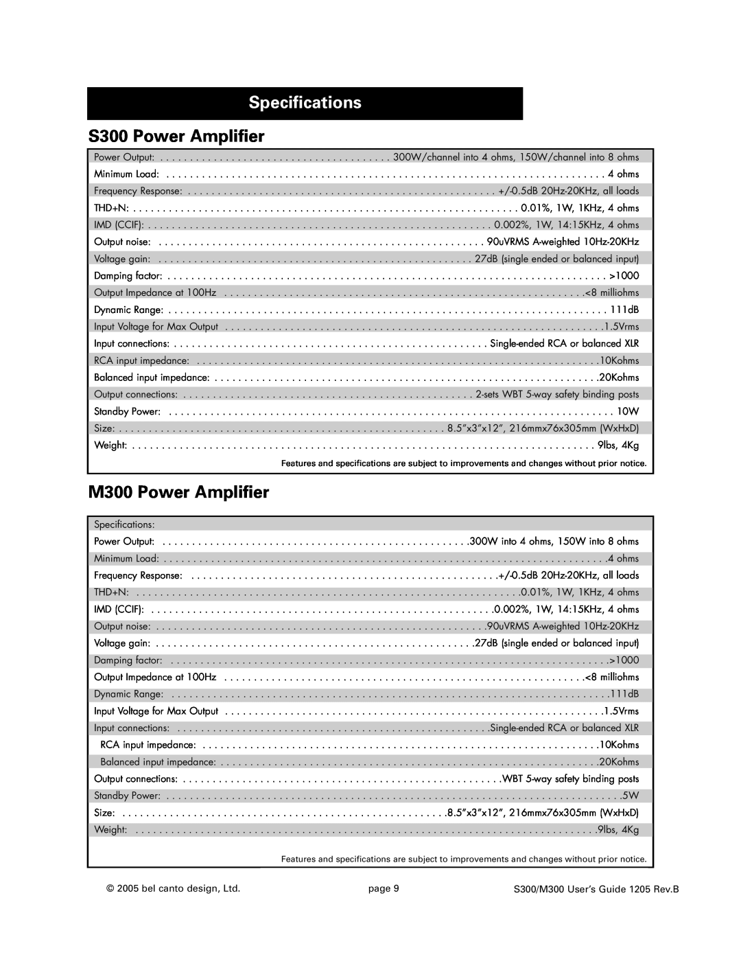 Bel Canto Design manual Specifications, S300 Power Amplifier, M300 Power Amplifier 