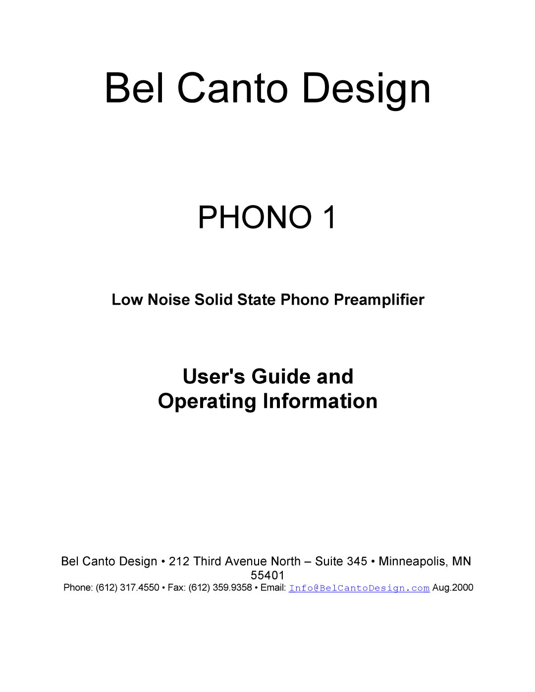 Bel Canto Design PHONO 1 manual Bel Canto Design 