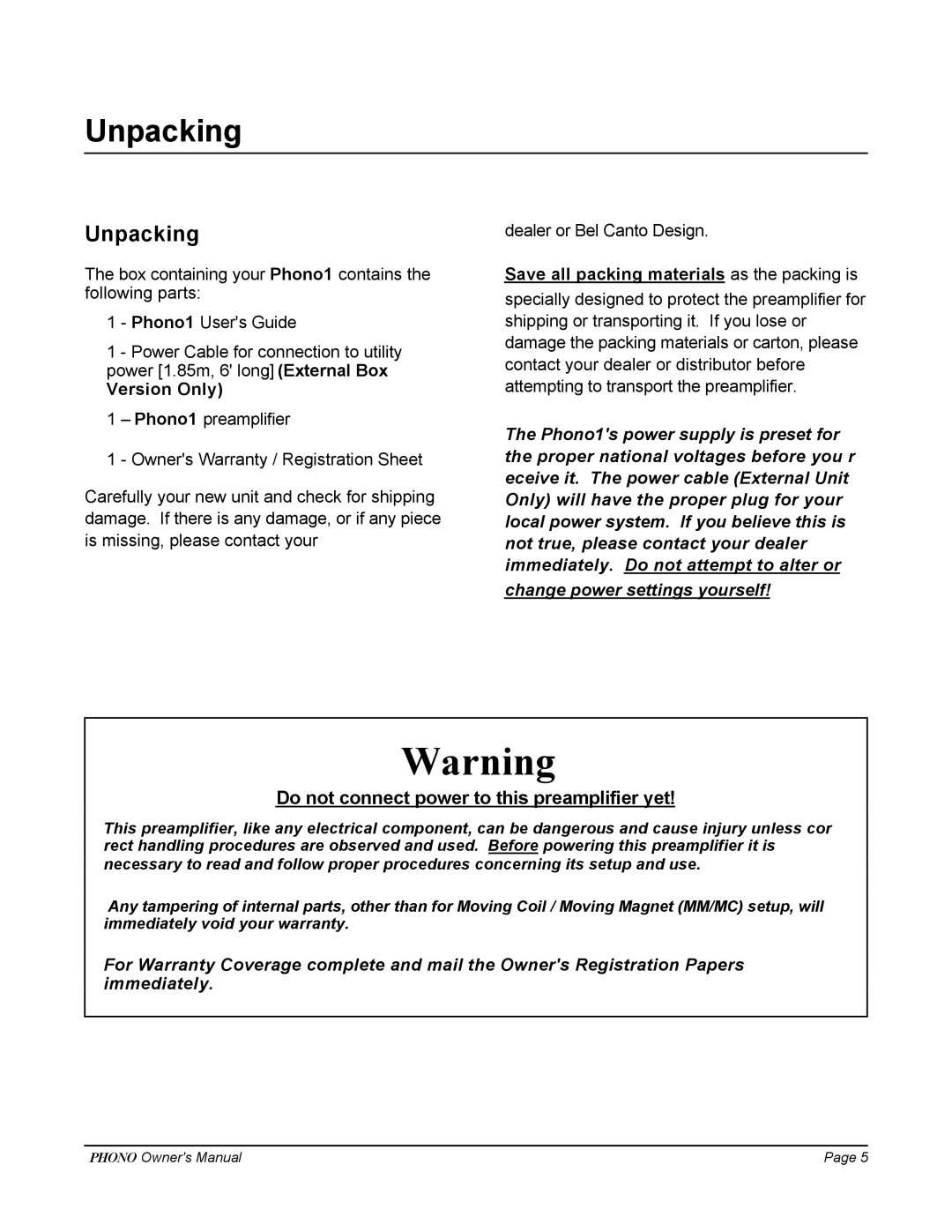 Bel Canto Design PHONO 1 manual Unpacking, Do not connect power to this preamplifier yet 