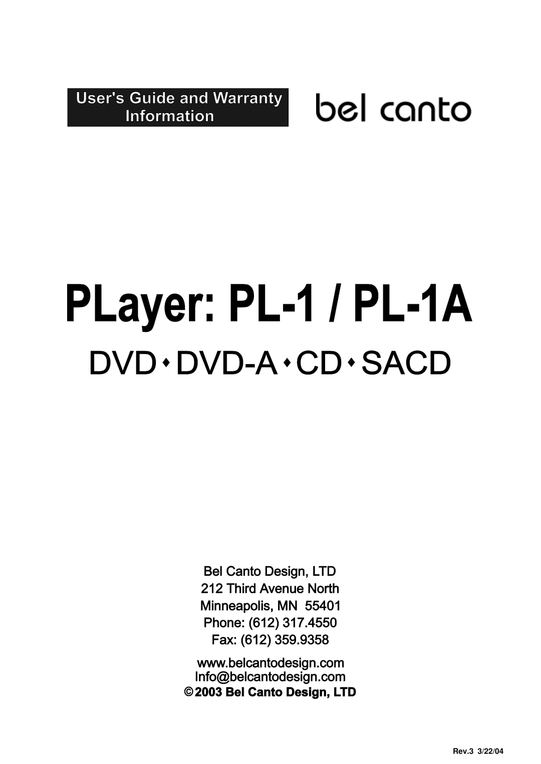 Bel Canto Design PL-1A manual Rev.3 3/22/04 