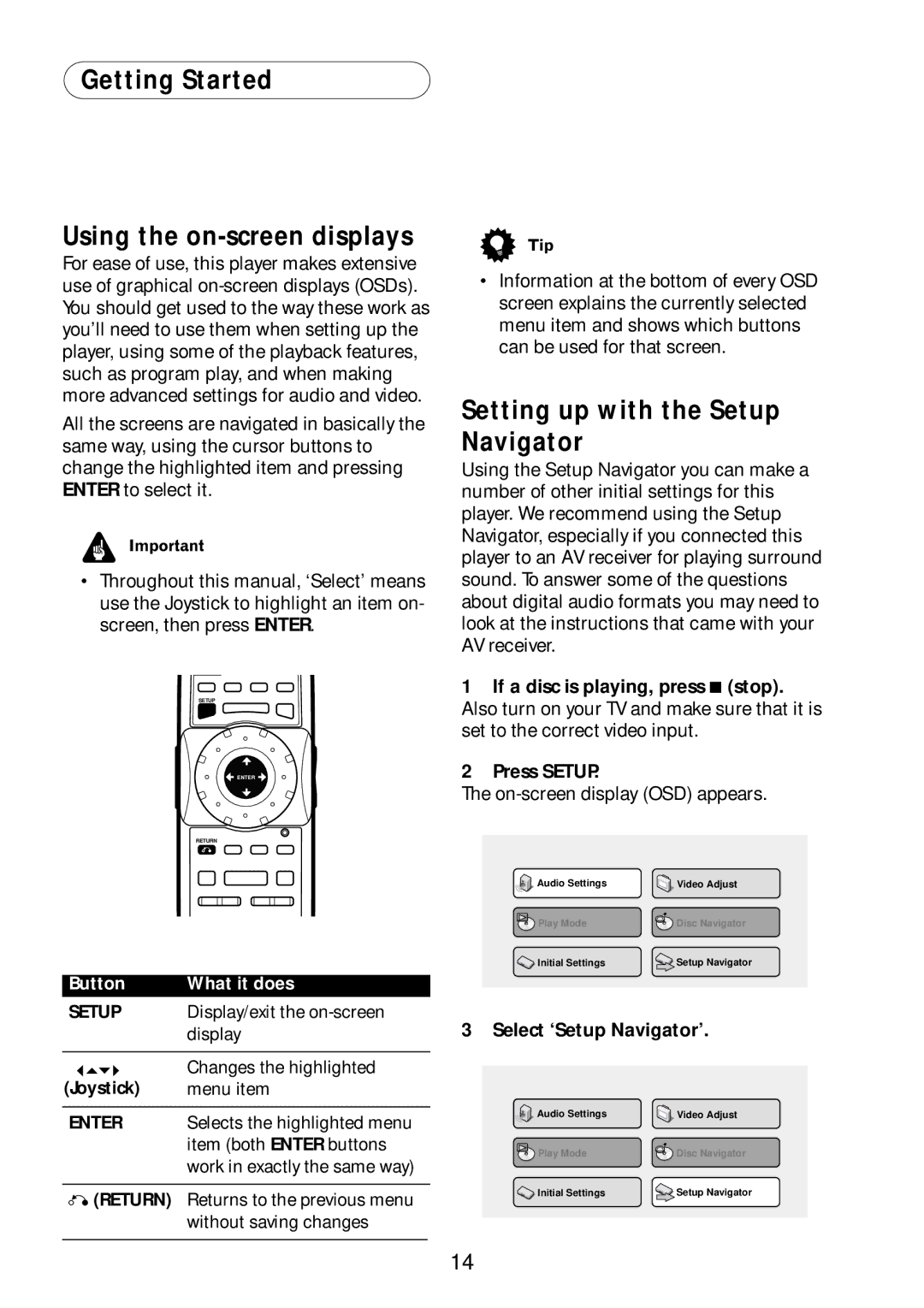 Bel Canto Design PL-1A manual Getting Started Using the on-screen displays, Setting up with the Setup Navigator, Joystick 