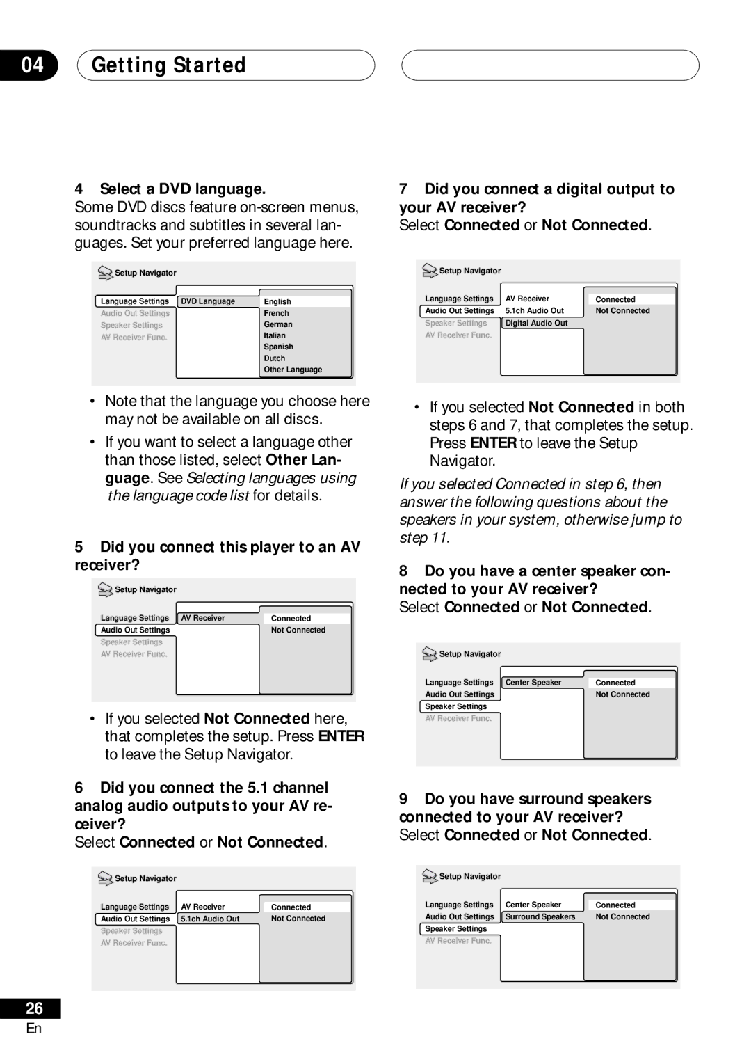 Bel Canto Design PL-1A manual Getting Started, Select a DVD language, Did you connect this player to an AV receiver? 