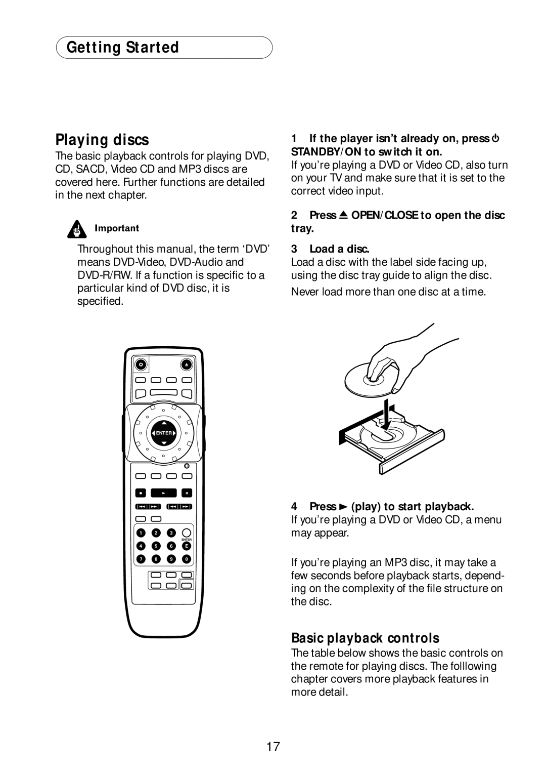 Bel Canto Design PL-1A manual Getting Started Playing discs, Basic playback controls, Press 3 play to start playback 