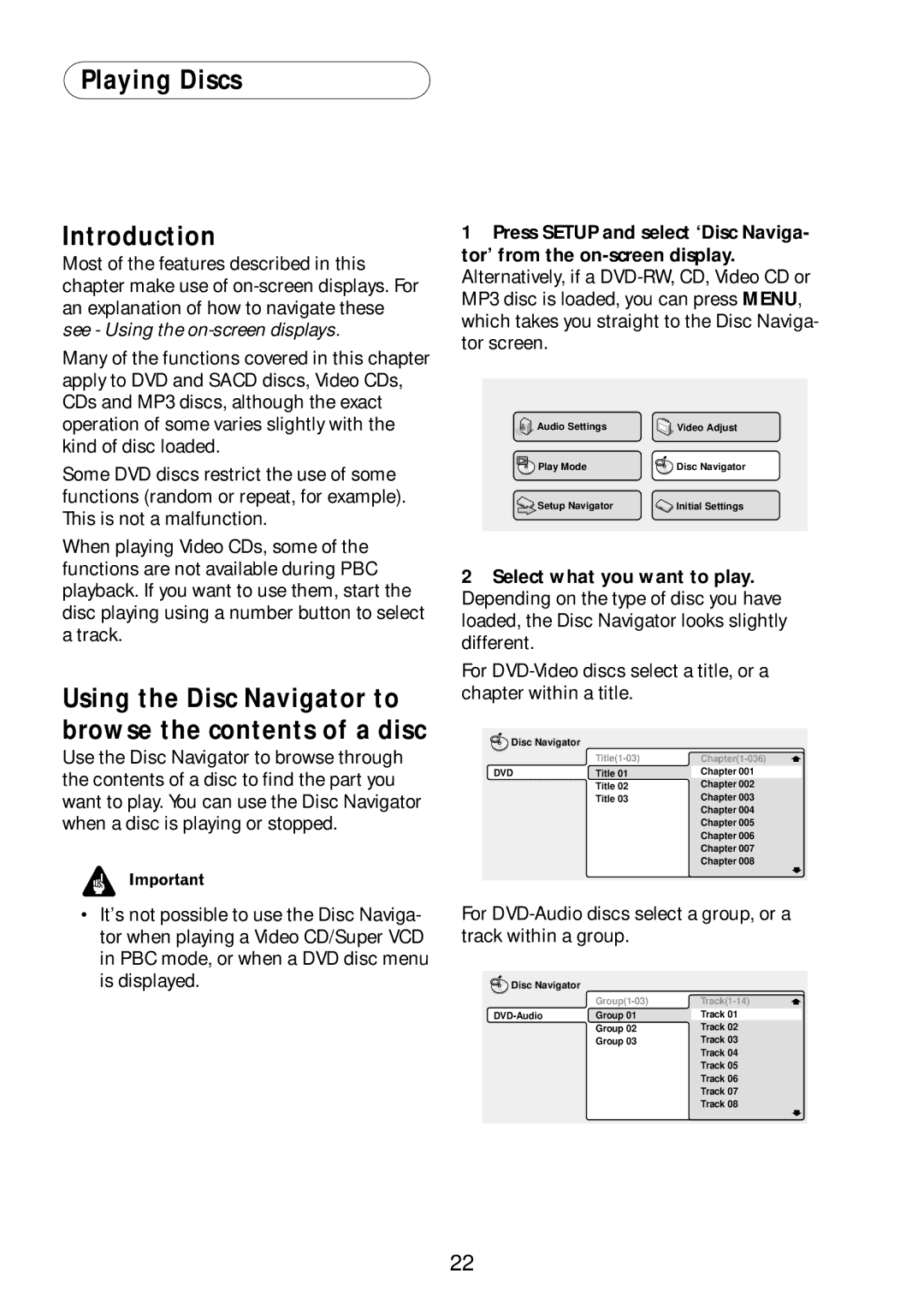 Bel Canto Design PL-1A manual Playing Discs Introduction, Using the Disc Navigator to browse the contents of a disc 