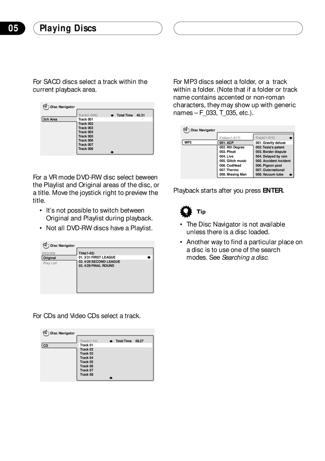 Bel Canto Design PL-1A manual For CDs and Video CDs select a track, MP3 