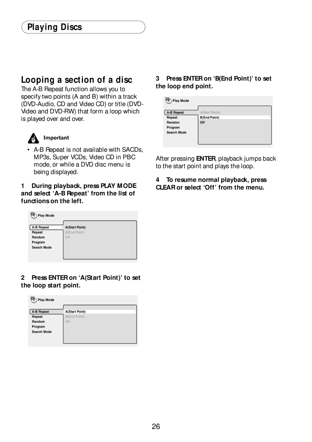 Bel Canto Design PL-1A Playing Discs Looping a section of a disc, Press Enter on ‘BEnd Point’ to set the loop end point 