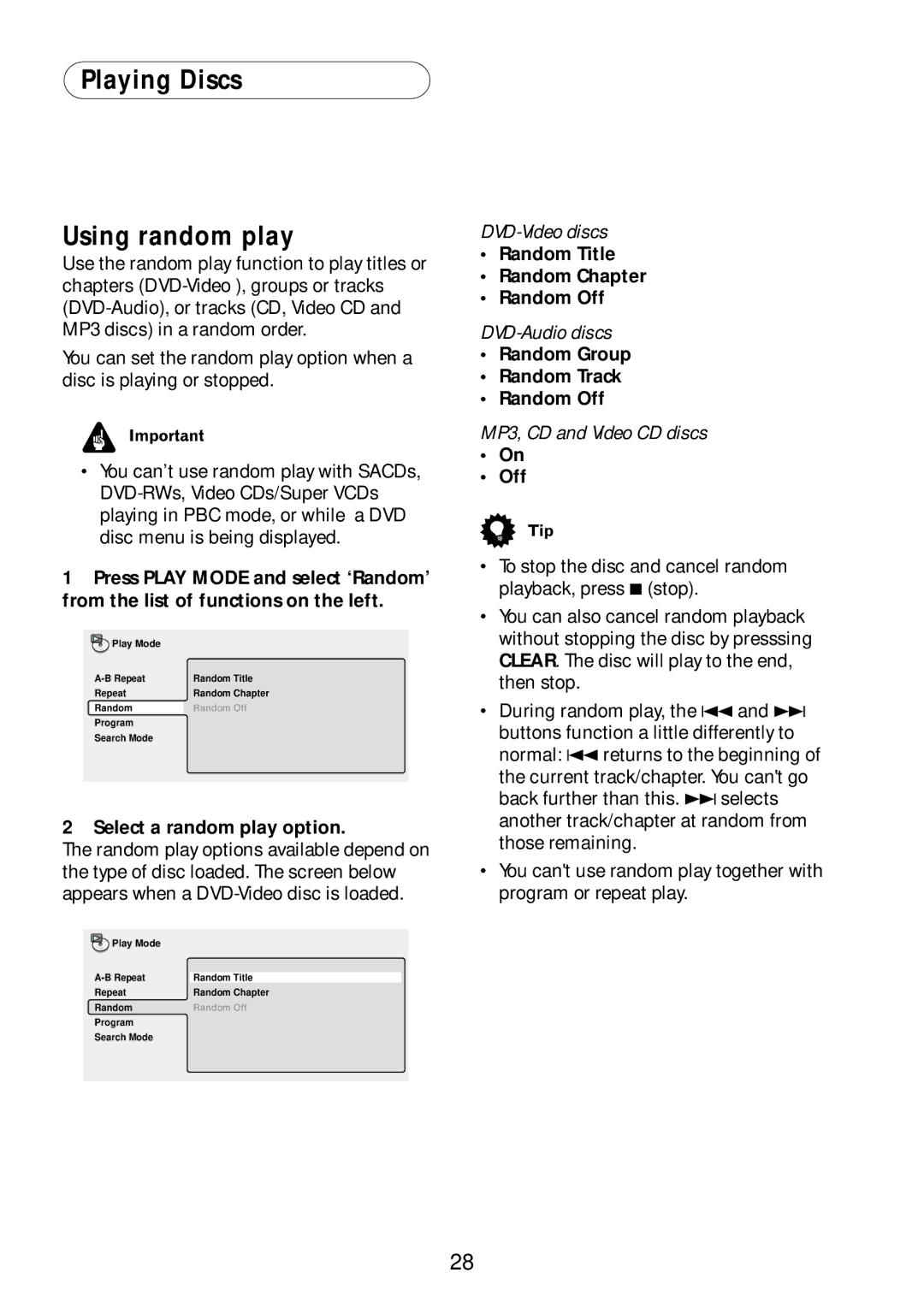 Bel Canto Design PL-1A Playing Discs Using random play, Select a random play option, Random Group Random Track Random Off 