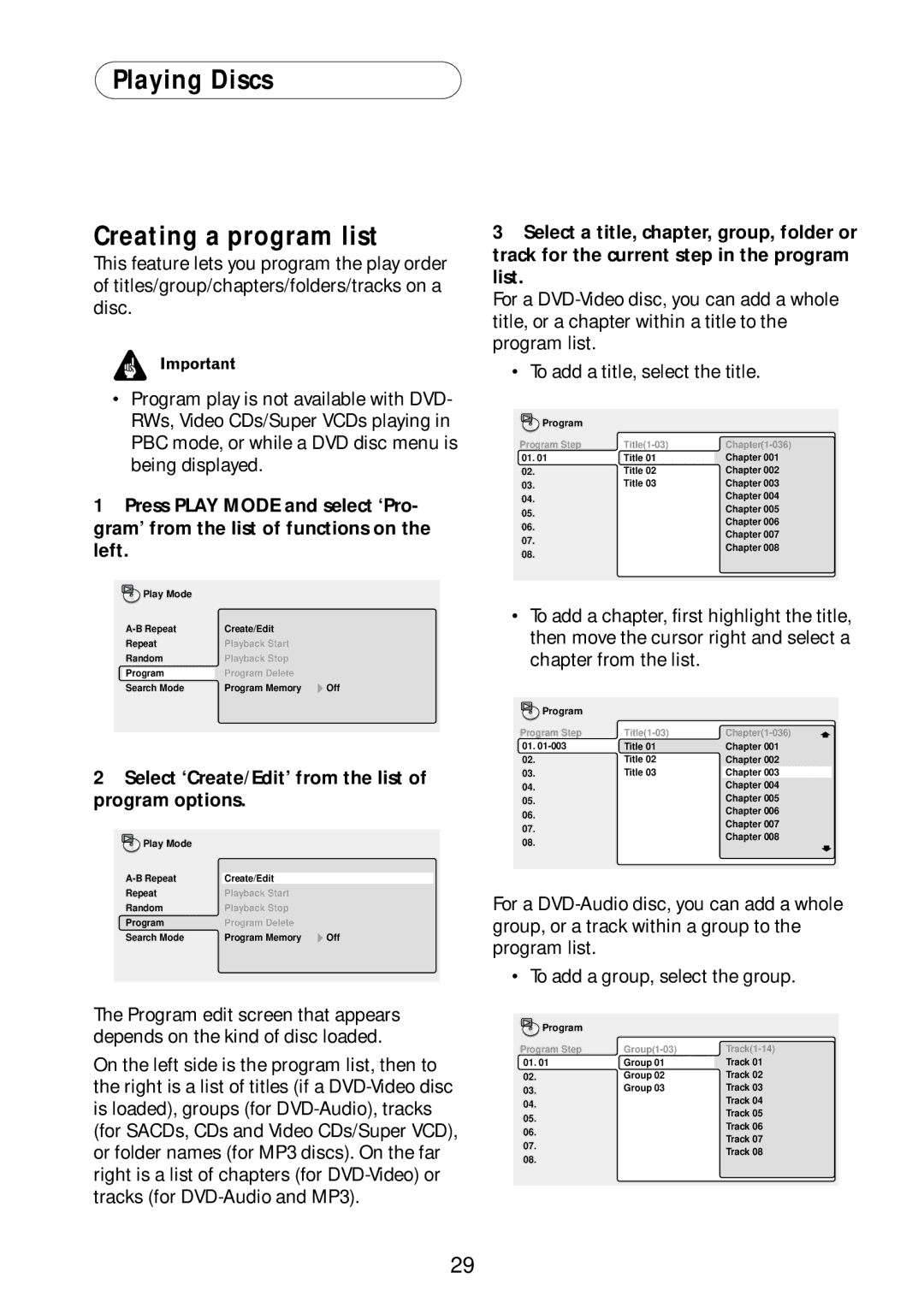 Bel Canto Design PL-1A Playing Discs Creating a program list, Select ‘Create/Edit’ from the list of program options 