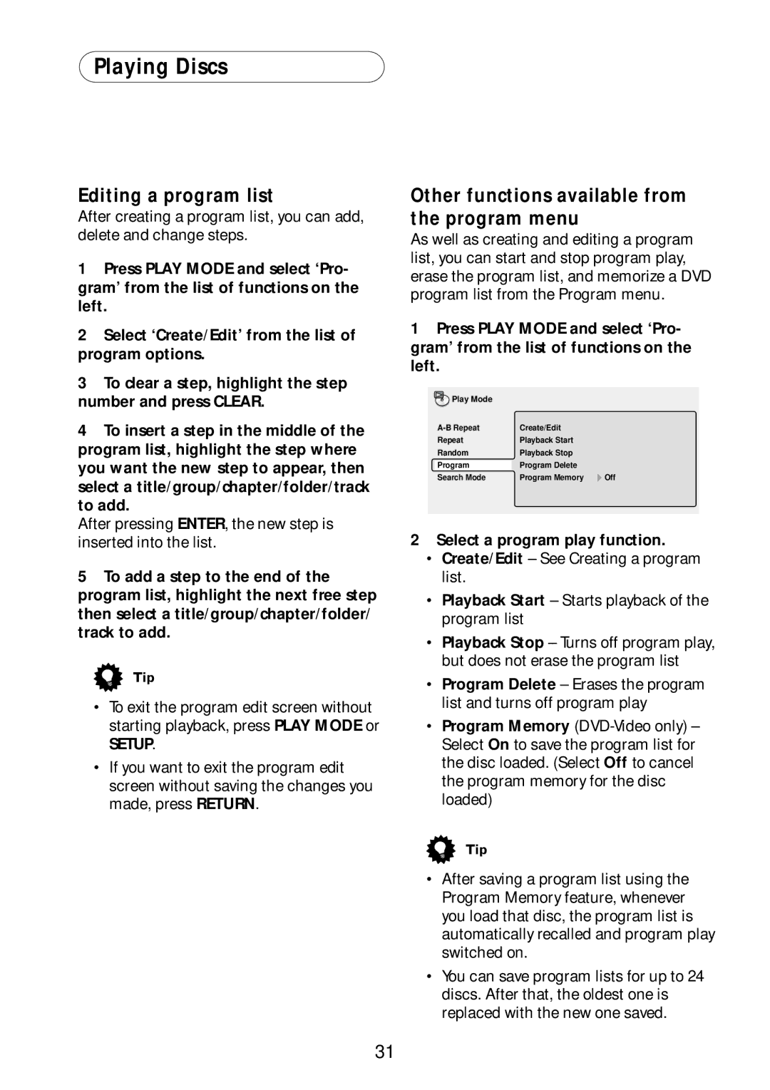 Bel Canto Design PL-1A manual Editing a program list, Other functions available from the program menu 