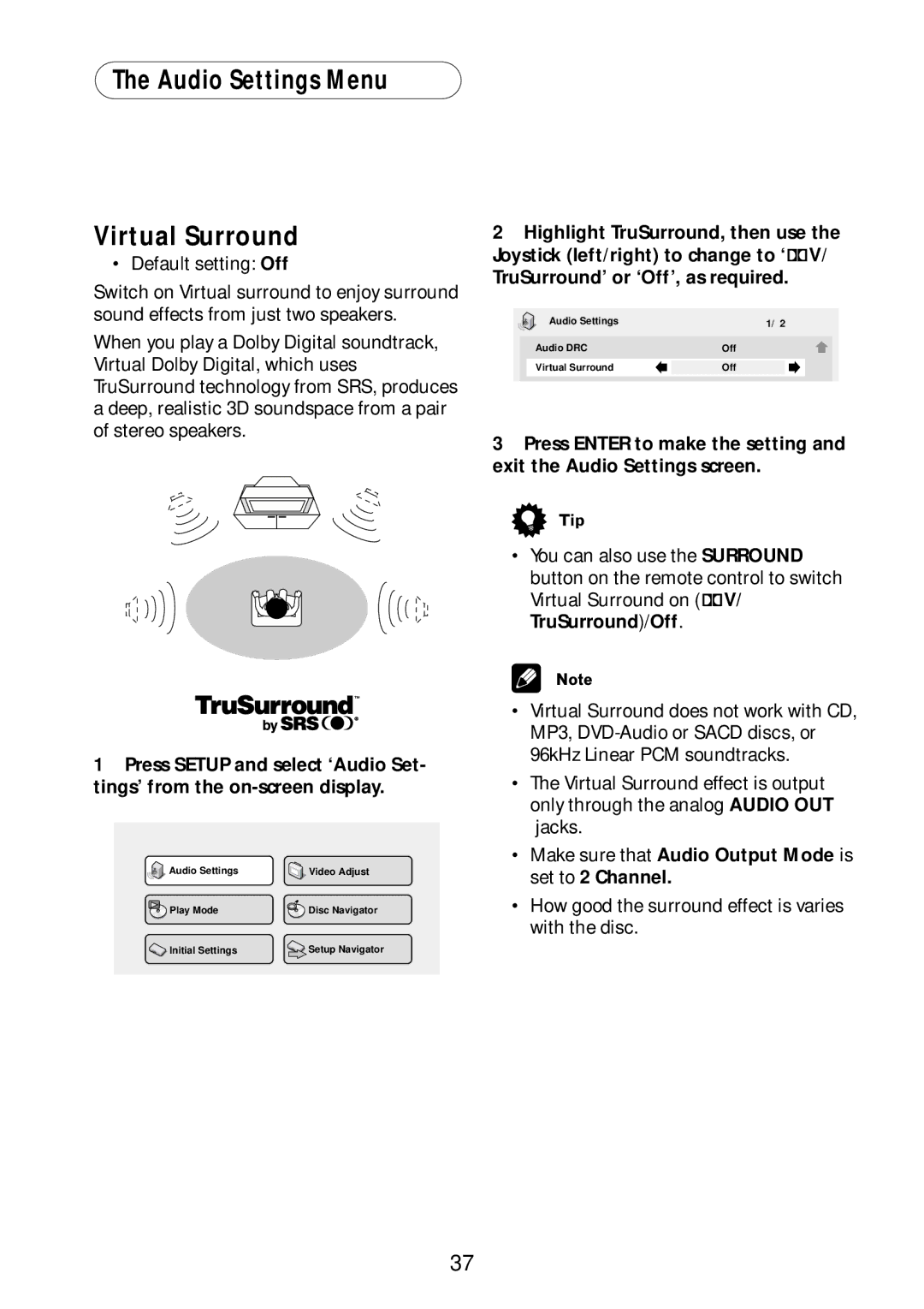 Bel Canto Design PL-1A manual Audio Settings Menu Virtual Surround, TruSurround’ or ‘Off’, as required 