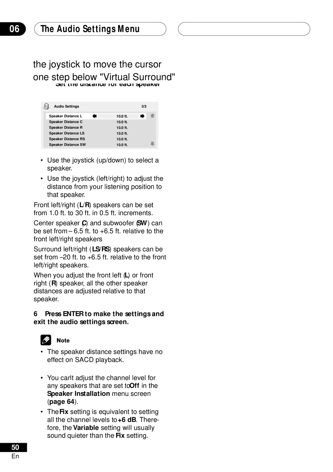 Bel Canto Design PL-1A manual Audio Settings Menu, Set the distance for each speaker 