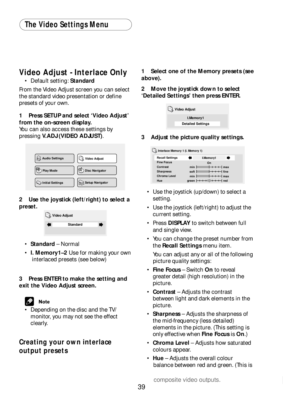 Bel Canto Design PL-1A Video Settings Menu Video Adjust Interlace Only, Creating your own interlace output presets 