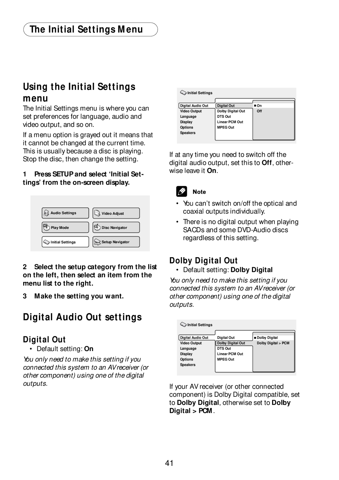 Bel Canto Design PL-1 manual Initial Settings Menu Using the Initial Settings menu, Digital Audio Out settings, Digital Out 