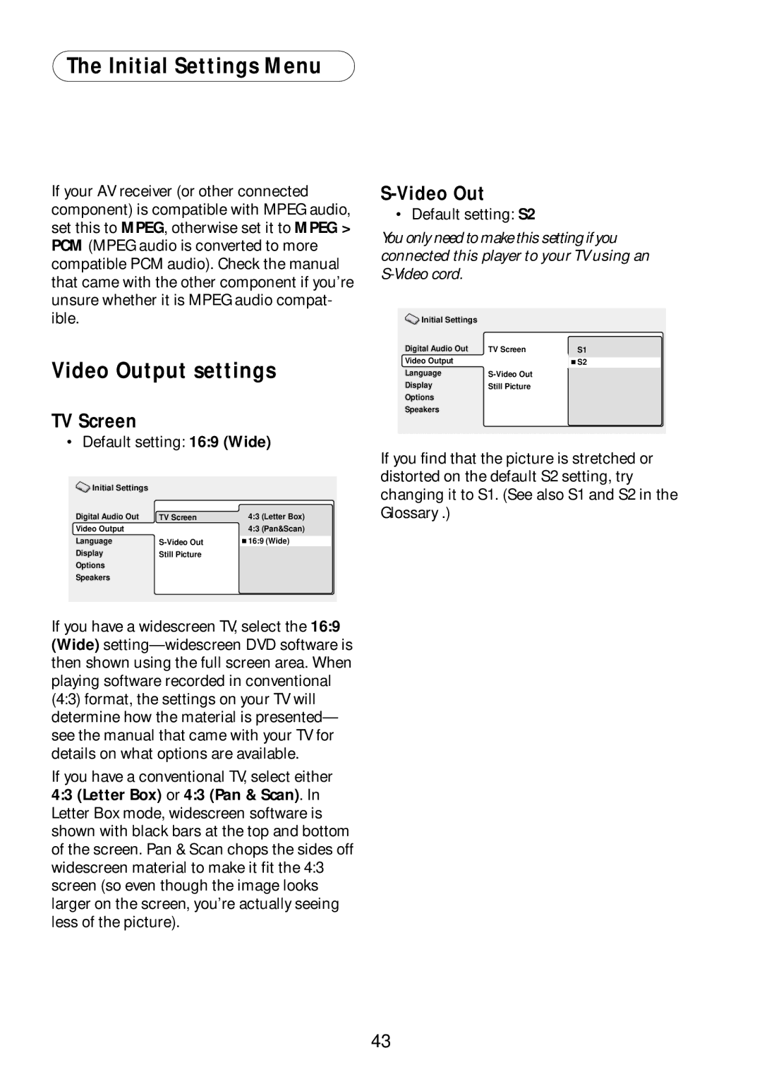 Bel Canto Design PL-1A manual Initial Settings Menu, Video Output settings, TV Screen 