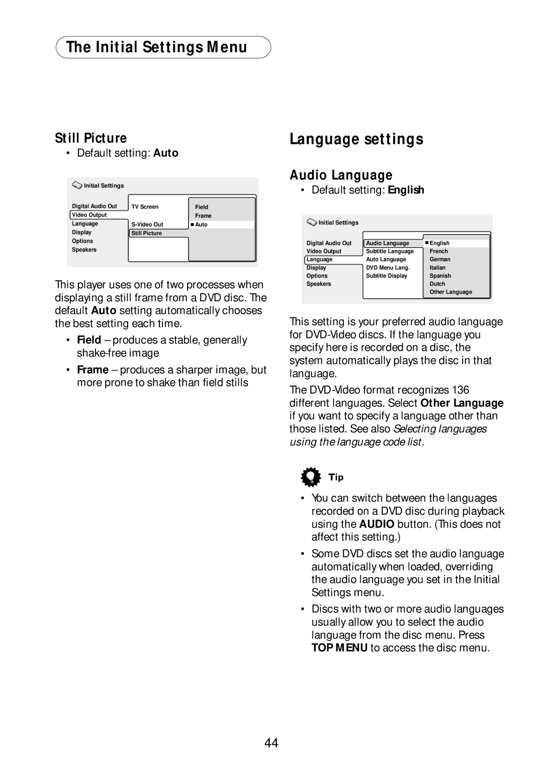 Bel Canto Design PL-1A Language settings, Still Picture, Audio Language, Default setting Auto, Default setting English 