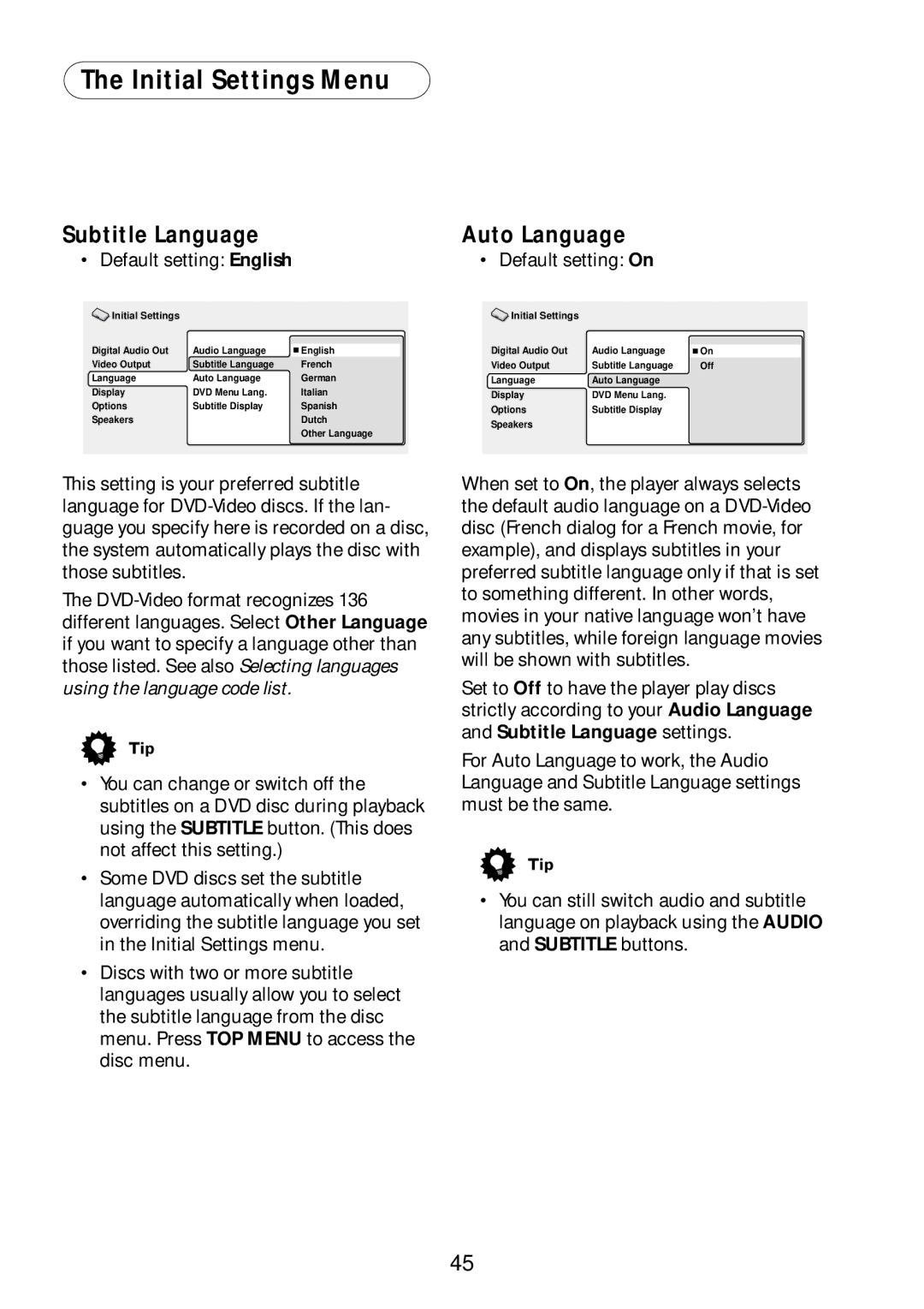 Bel Canto Design PL-1A manual Subtitle Language Auto Language, Default setting English Default setting On 