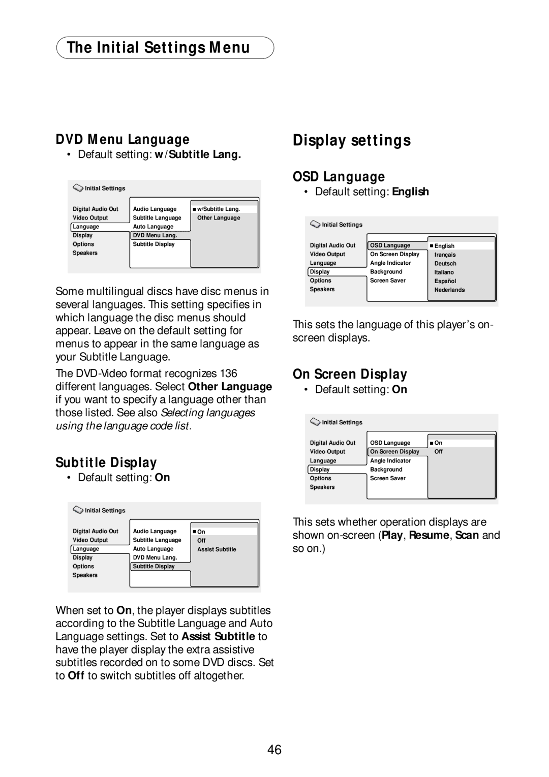 Bel Canto Design PL-1A manual Display settings, DVD Menu Language, Subtitle Display, OSD Language, On Screen Display 