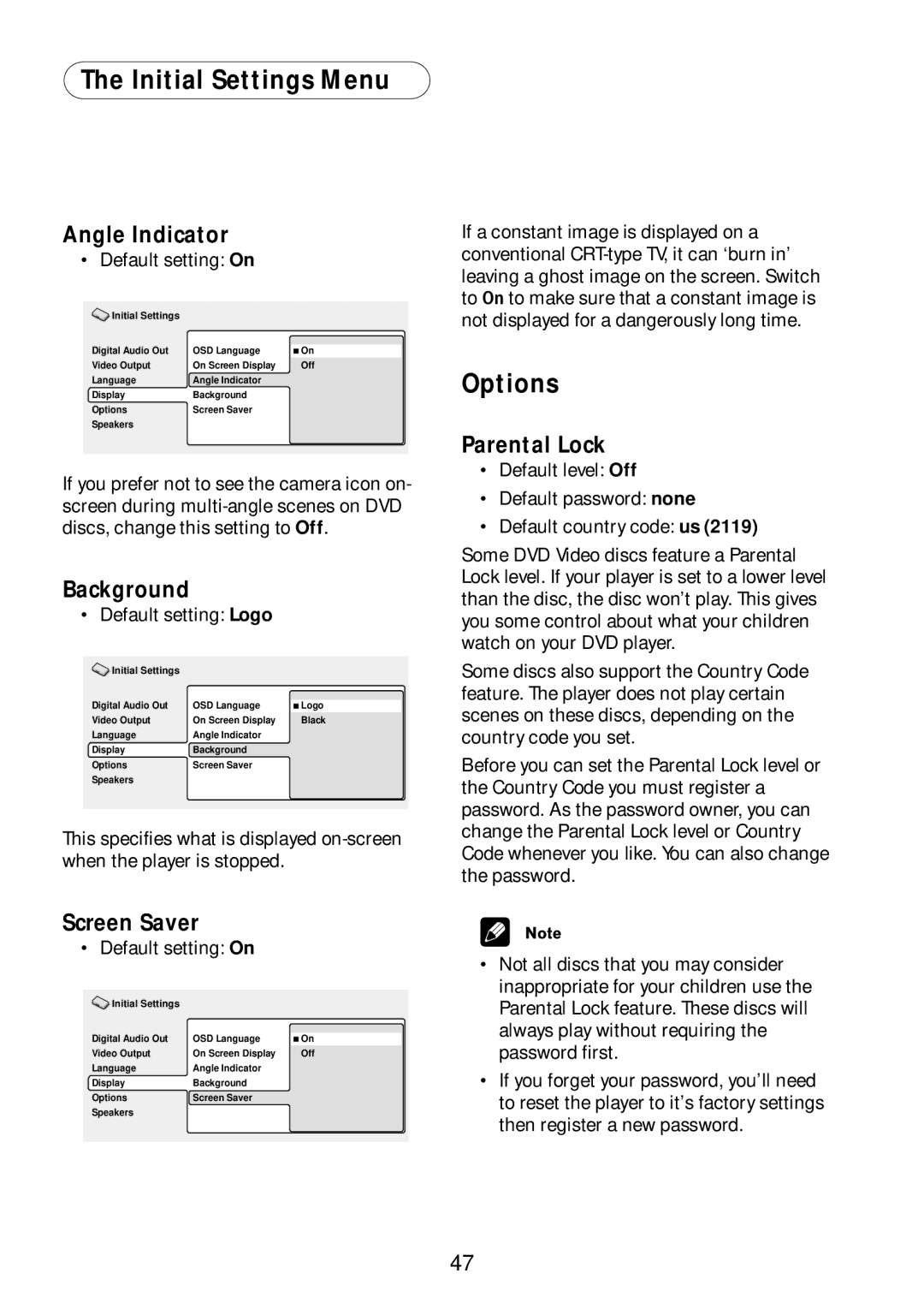 Bel Canto Design PL-1A manual Options, Angle Indicator, Background, Screen Saver, Parental Lock 