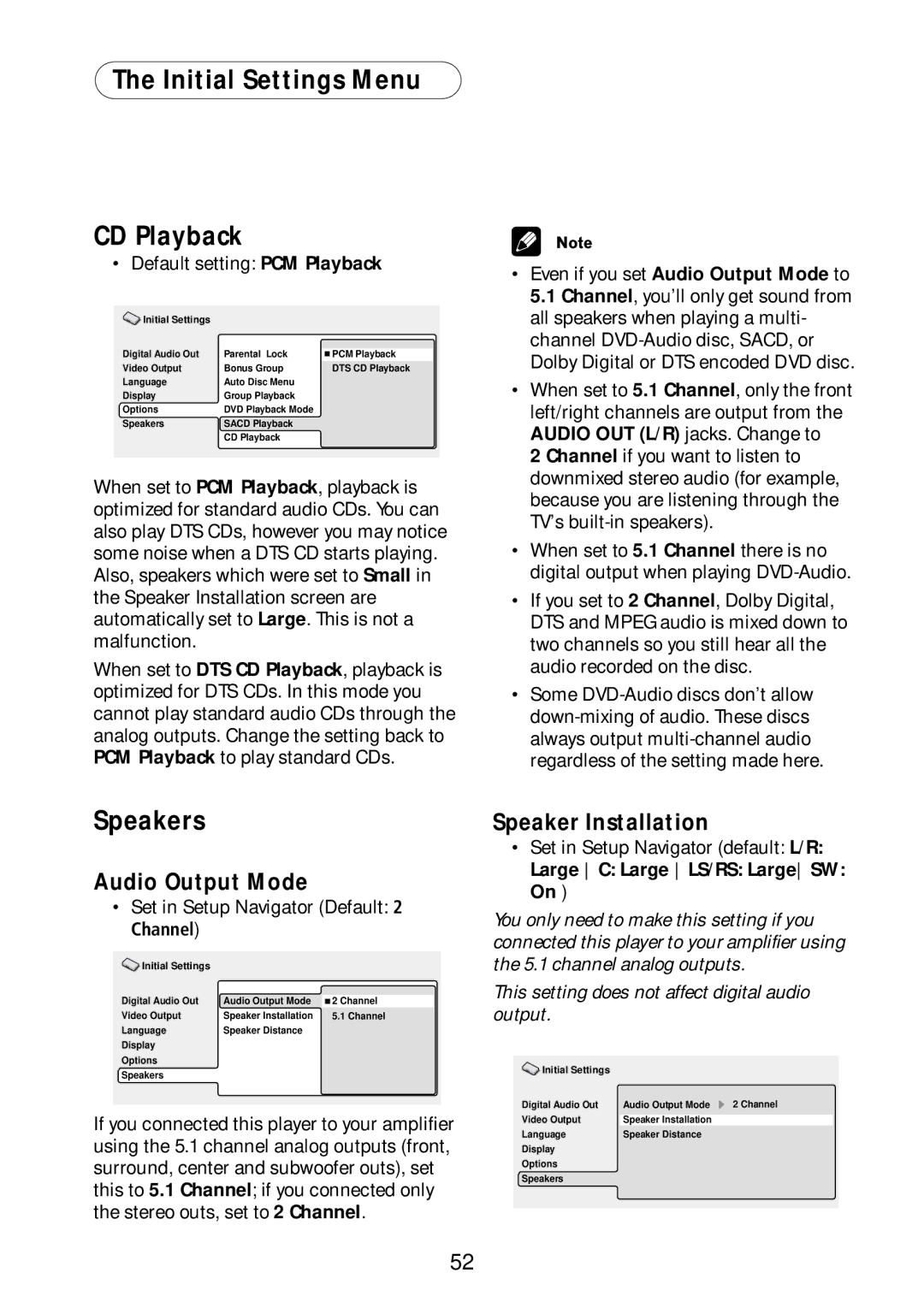 Bel Canto Design PL-1A manual Initial Settings Menu CD Playback, Speakers, Audio Output Mode, Speaker Installation 