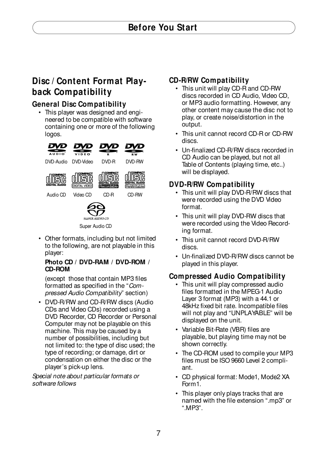 Bel Canto Design PL-1A manual General Disc Compatibility, Photo CD / DVD-RAM / DVD-ROM 