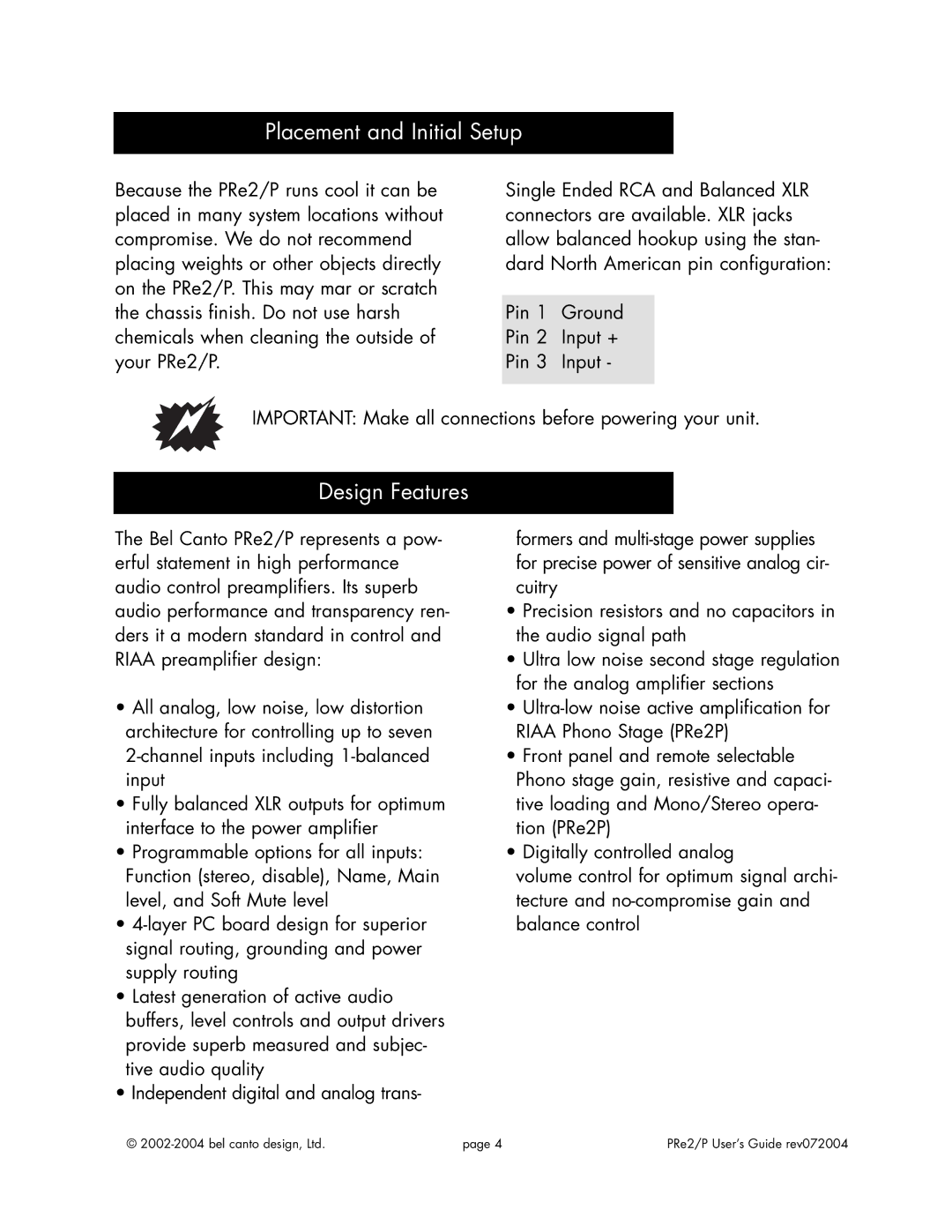 Bel Canto Design PRe2TM PRe2PTM manual Placement and Initial Setup, Design Features 