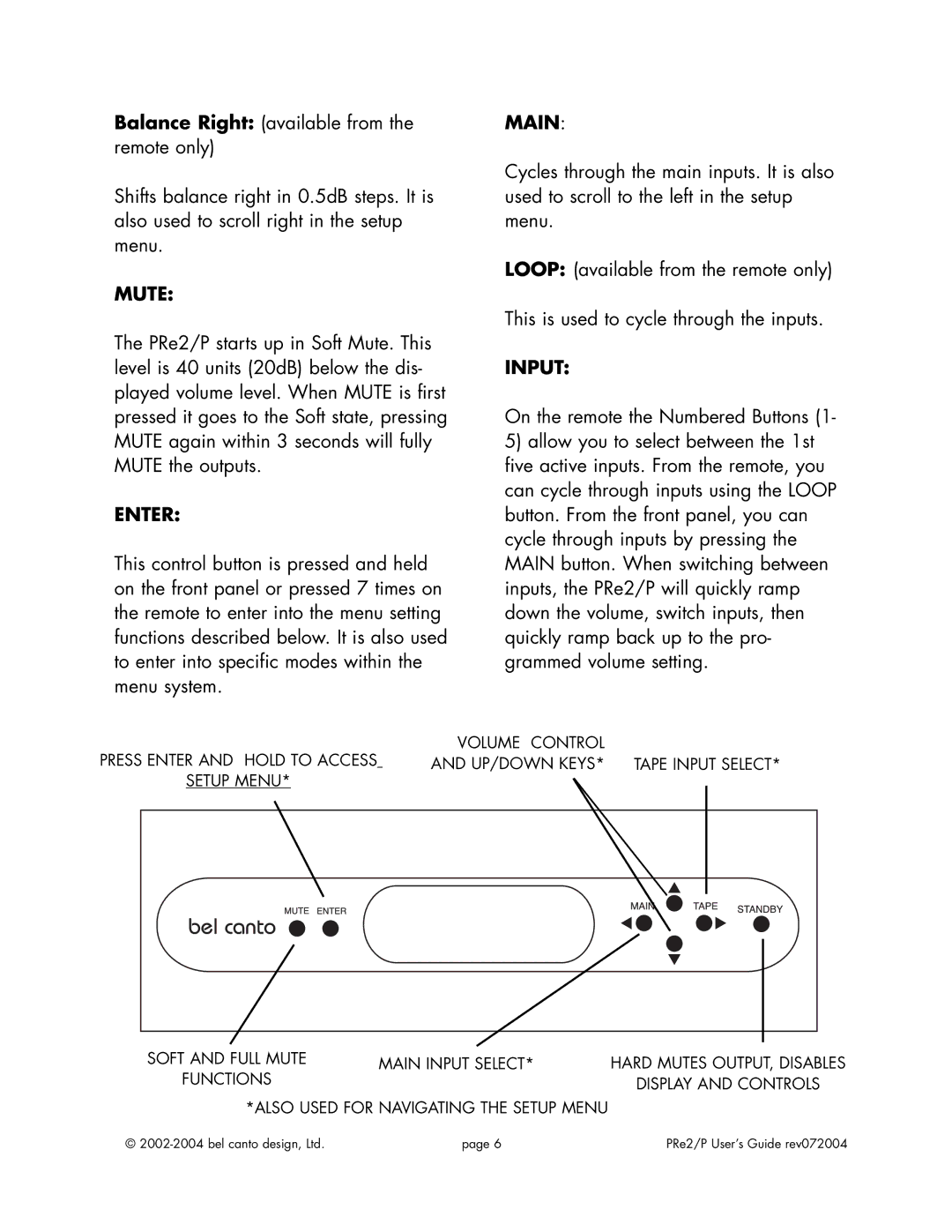 Bel Canto Design PRe2TM PRe2PTM manual Mute 