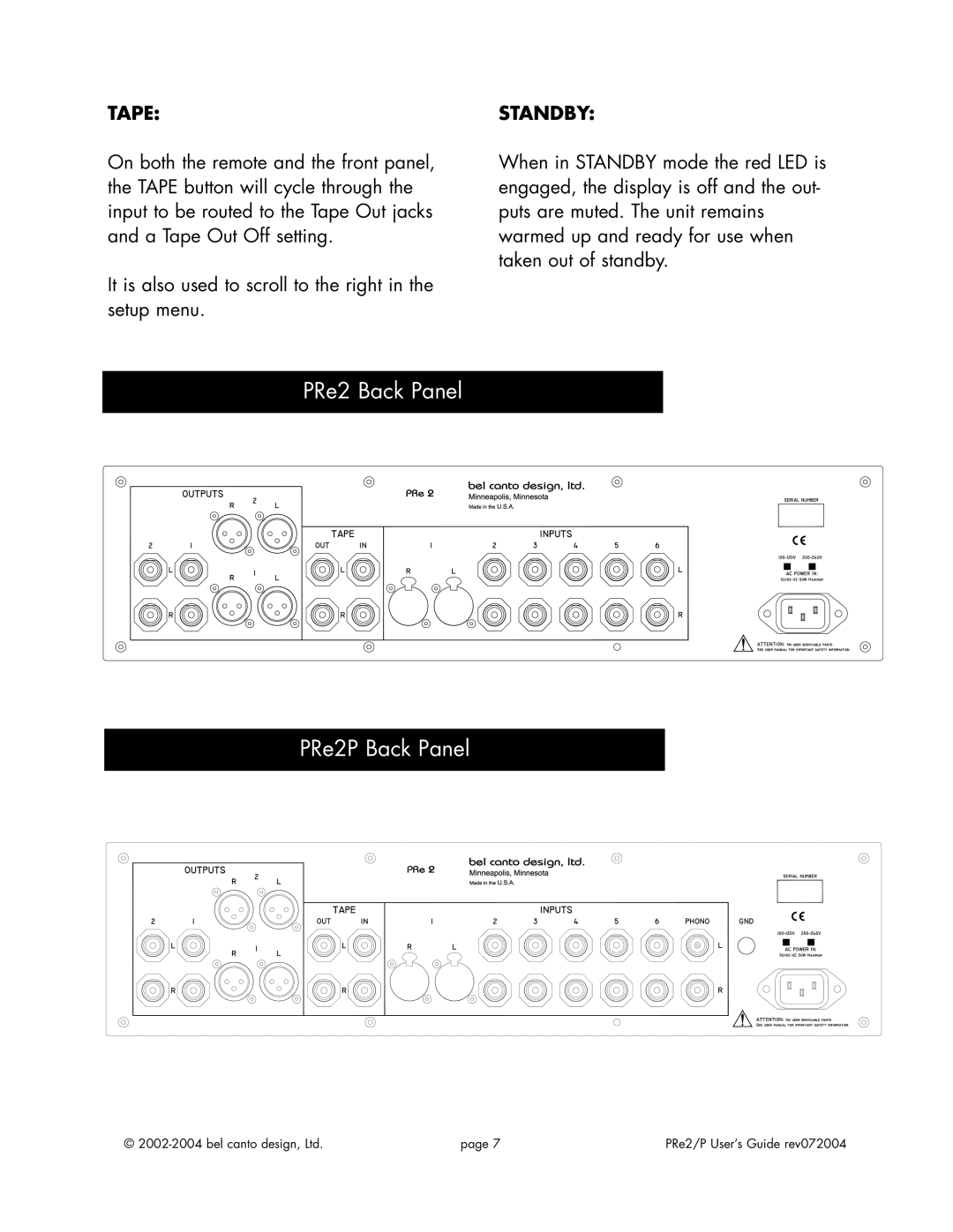 Bel Canto Design PRe2TM PRe2PTM manual PRe2 Back Panel PRe2P Back Panel, Tape 