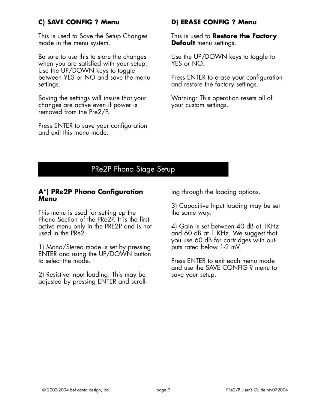 Bel Canto Design PRe2TM PRe2PTM manual PRe2P Phono Stage Setup, Save Config ? Menu, Erase Config ? Menu 