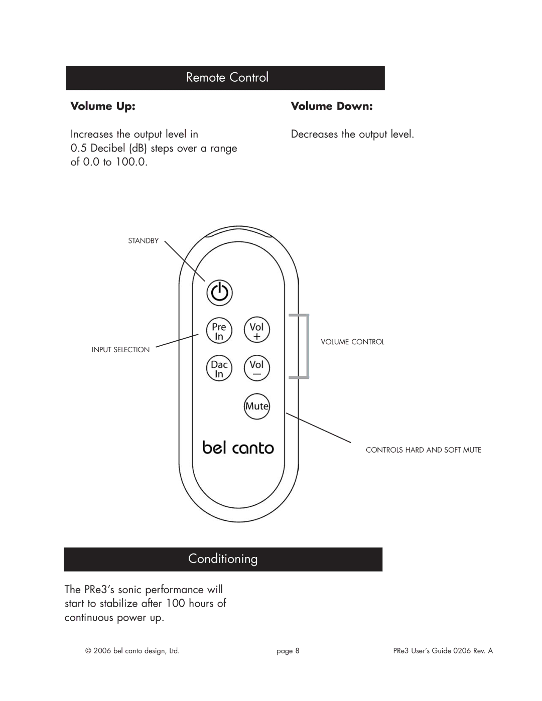 Bel Canto Design PRe3TM manual Remote Control, Conditioning, Volume Up Volume Down 