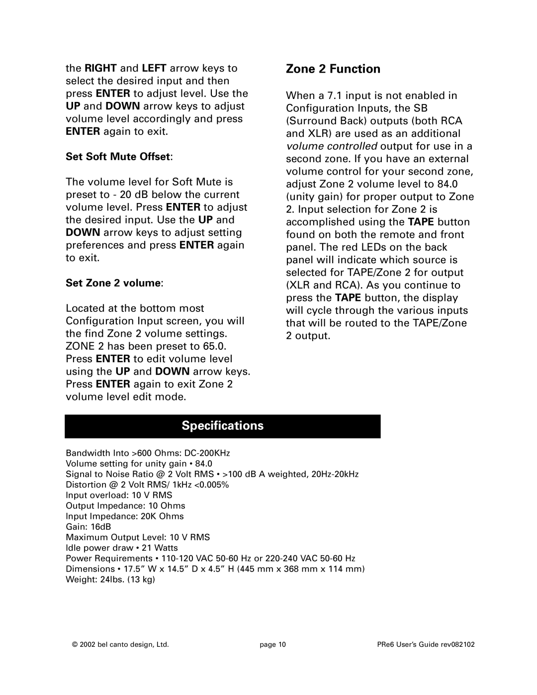 Bel Canto Design PRe6 warranty Specifications, Set Soft Mute Offset, Set Zone 2 volume 