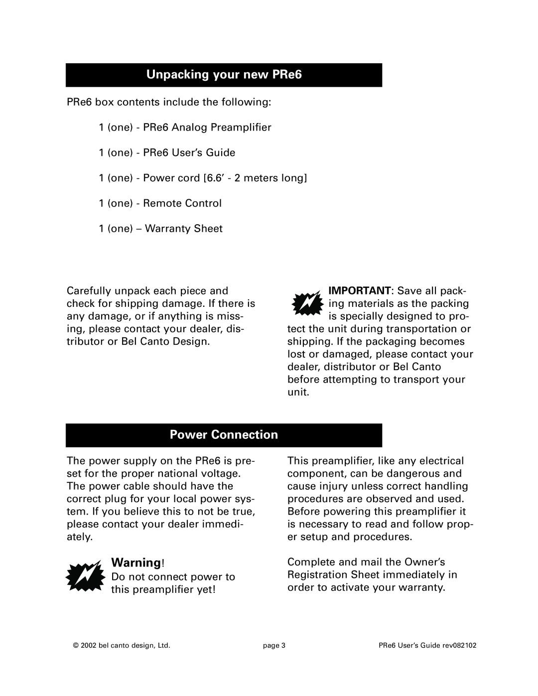 Bel Canto Design warranty Unpacking your new PRe6, Power Connection 