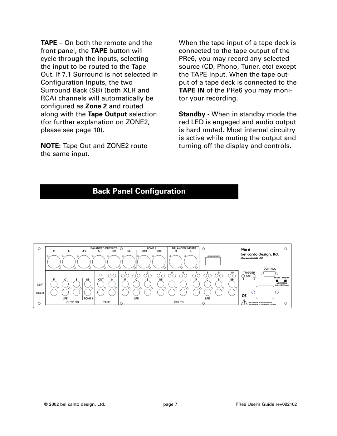 Bel Canto Design PRe6 warranty Back Panel Configuration 