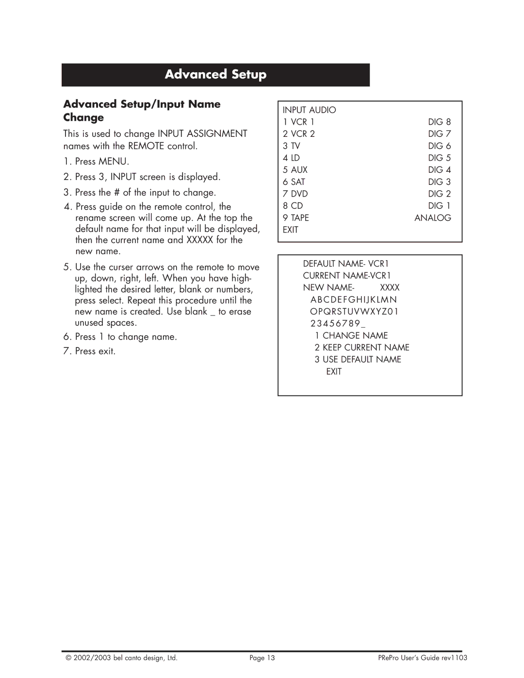 Bel Canto Design PReProTM warranty Advanced Setup/Input Name Change 