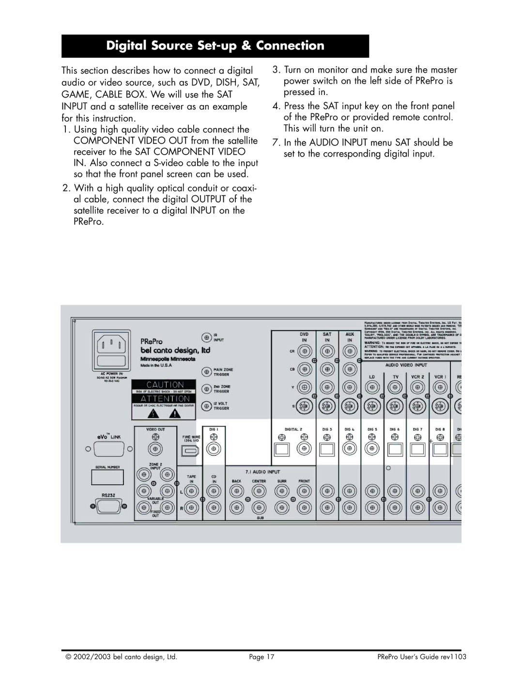 Bel Canto Design PReProTM warranty Digital Source Set-up & Connection 