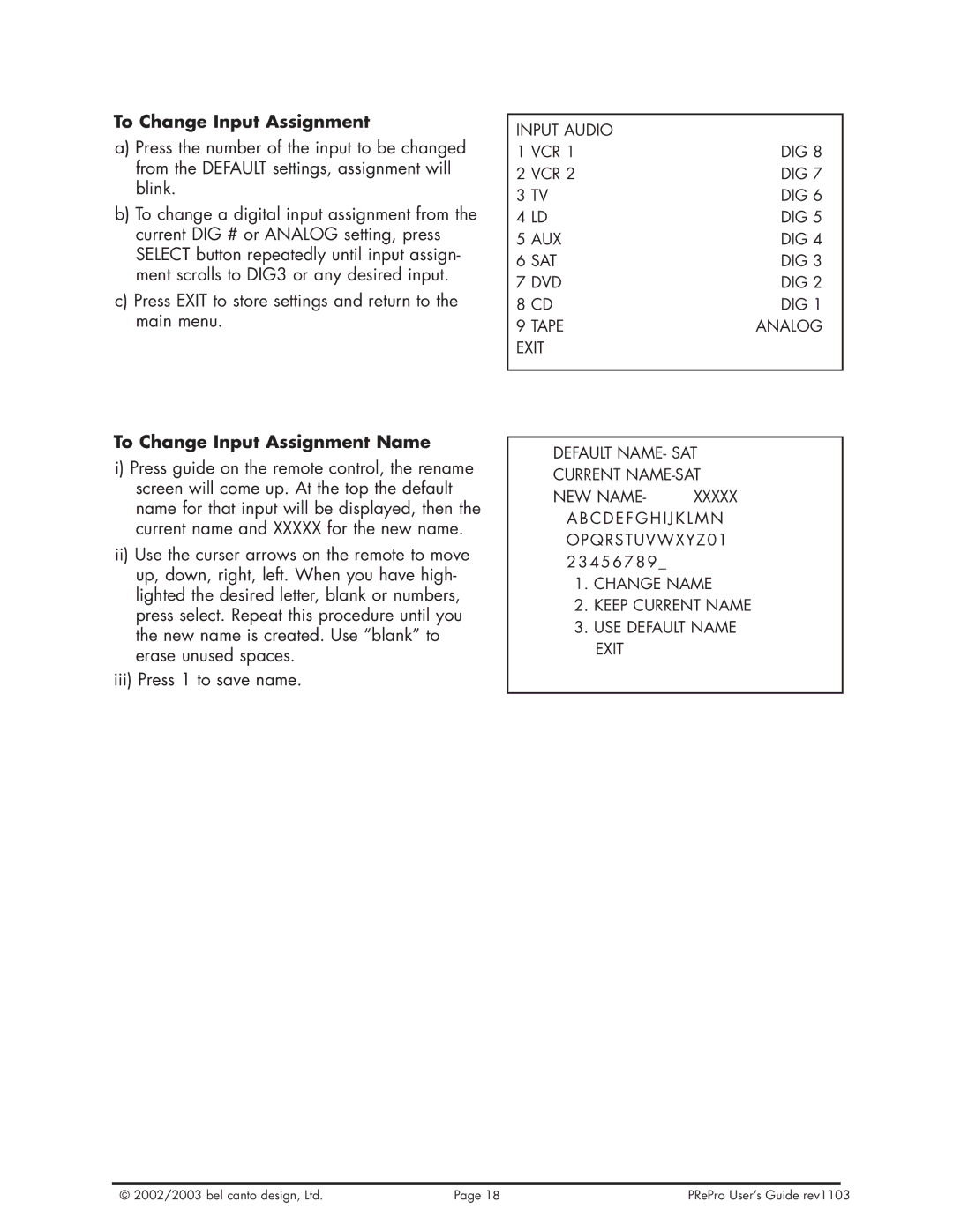 Bel Canto Design PReProTM warranty To Change Input Assignment Name 