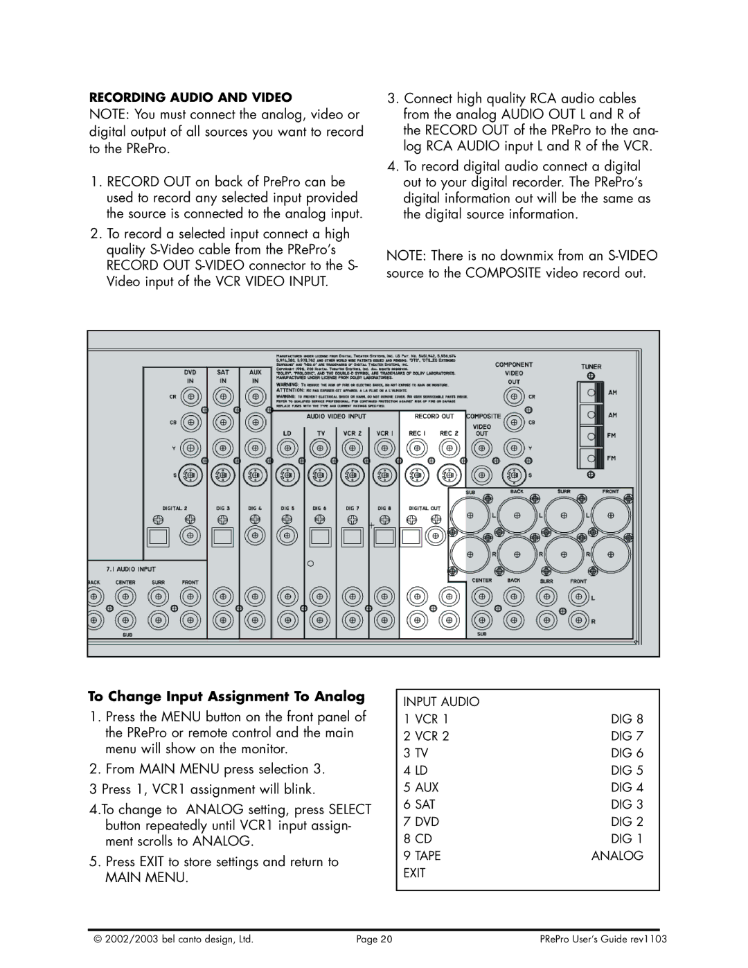 Bel Canto Design PReProTM warranty To Change Input Assignment To Analog 