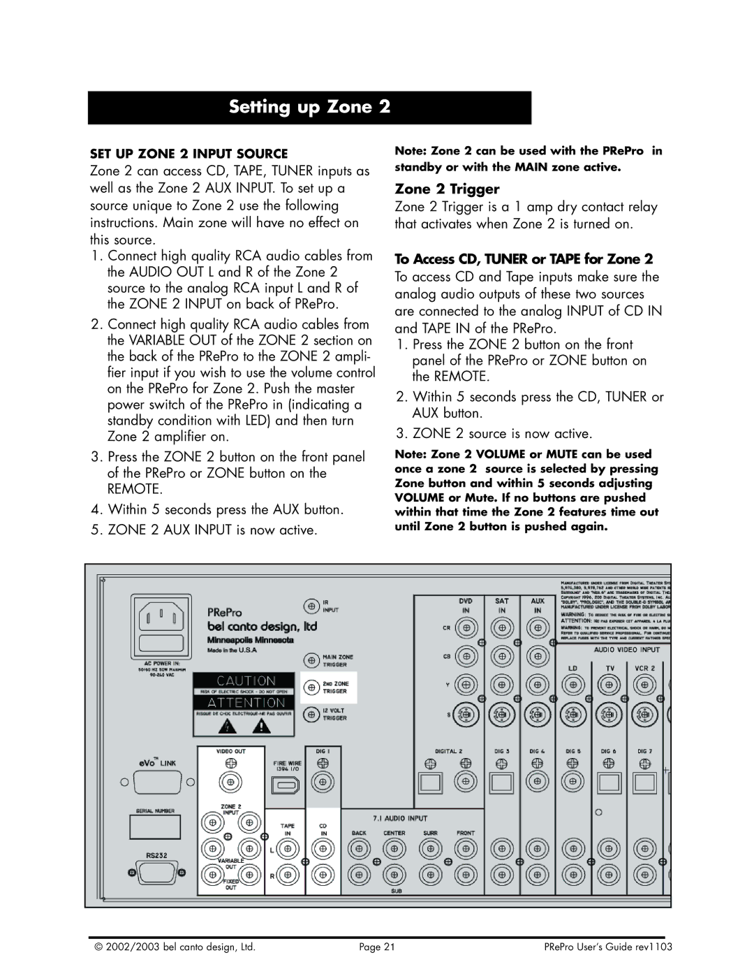 Bel Canto Design PReProTM warranty Setting up Zone, Zone 2 Trigger 