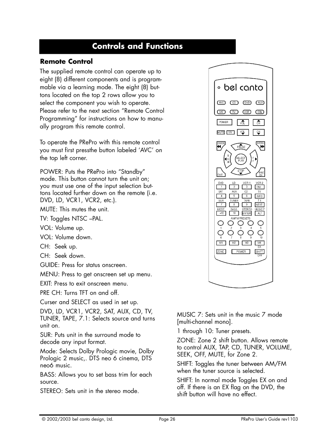 Bel Canto Design PReProTM warranty Controls and Functions, Remote Control 