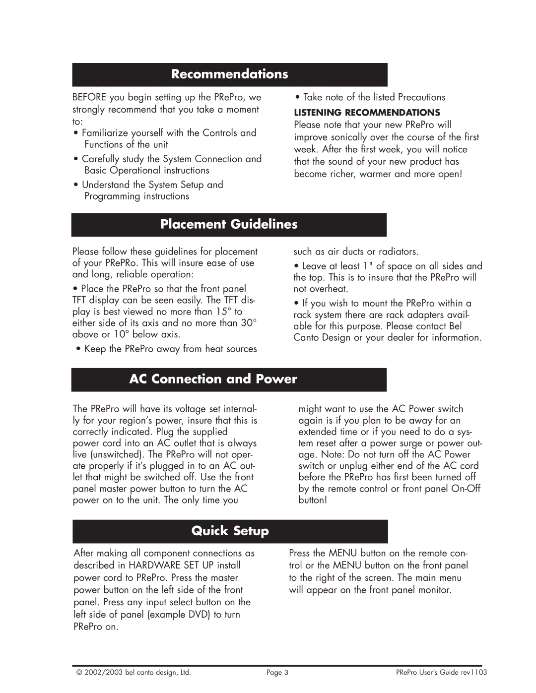 Bel Canto Design PReProTM warranty Recommendations, Placement Guidelines, AC Connecti AC Connection and Power, Quick Setup 