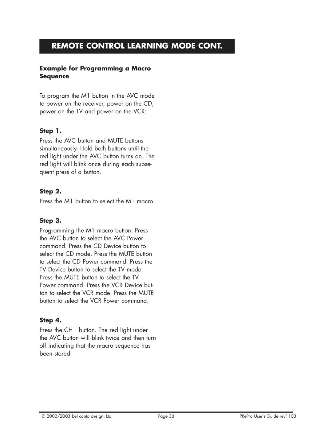 Bel Canto Design PReProTM warranty Example for Programming a Macro Sequence 