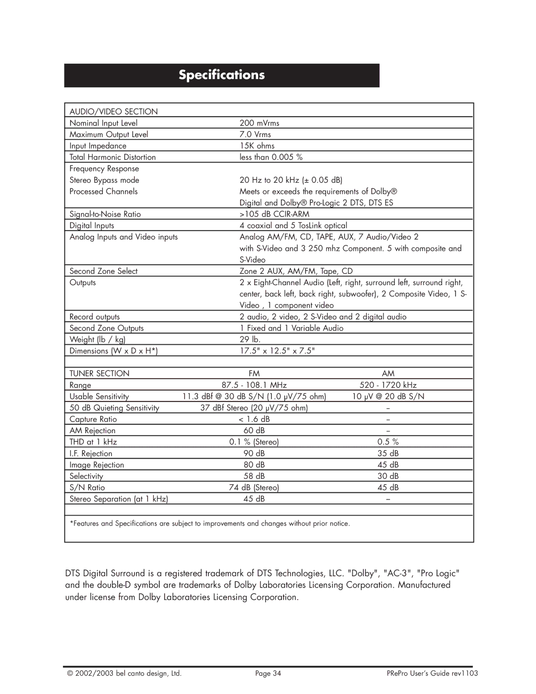 Bel Canto Design PReProTM warranty Specifications, AUDIO/VIDEO Section 