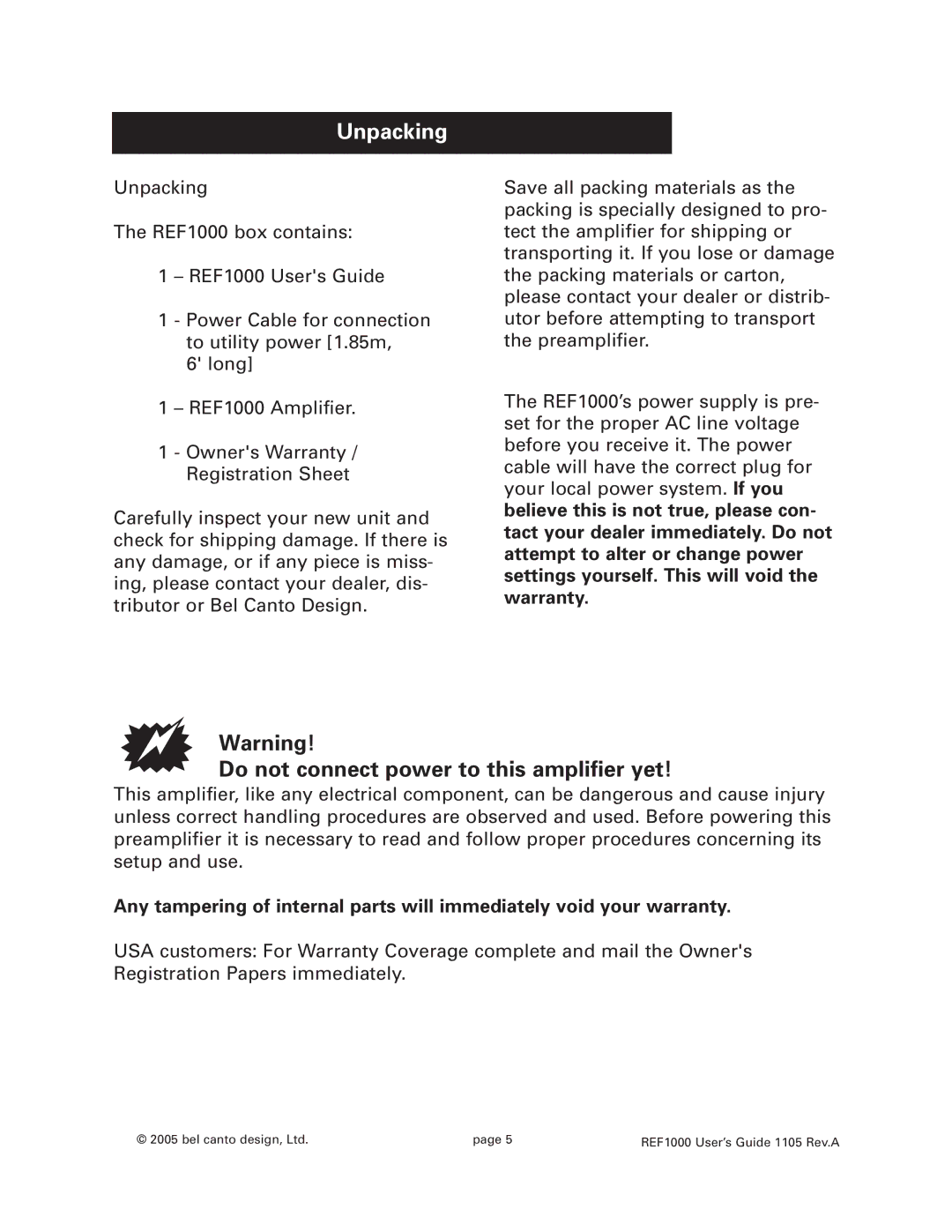 Bel Canto Design REF1000 manual Unpacking, Do not connect power to this amplifier yet 