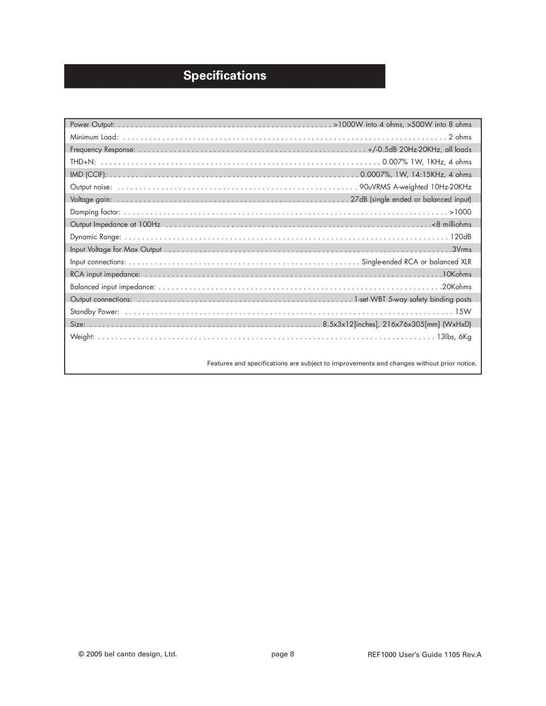 Bel Canto Design REF1000 manual Specifications, IMD Ccif 