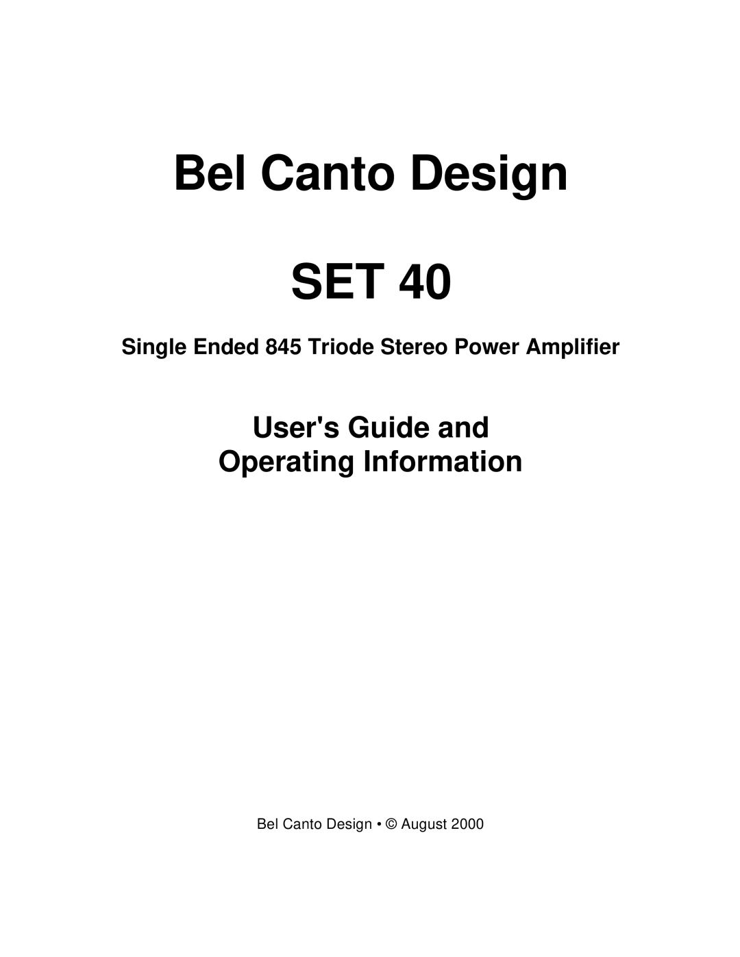 Bel Canto Design SET 40 manual Bel Canto Design SET 