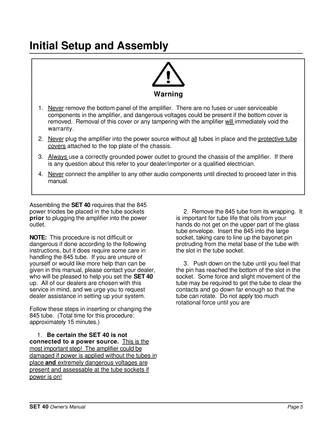 Bel Canto Design SET 40 manual Initial Setup and Assembly 