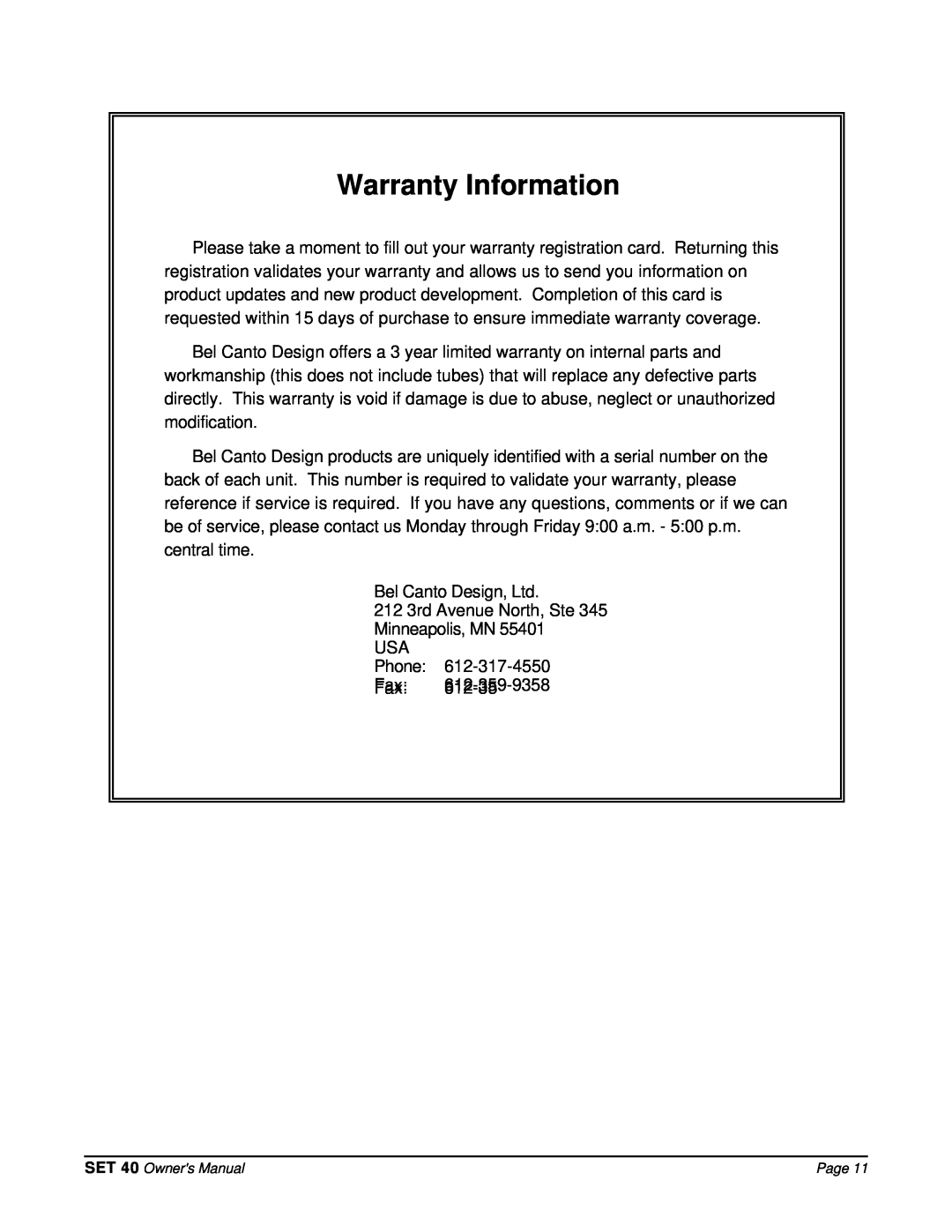 Bel Canto Design SET 40 manual Warranty Information, Fax 