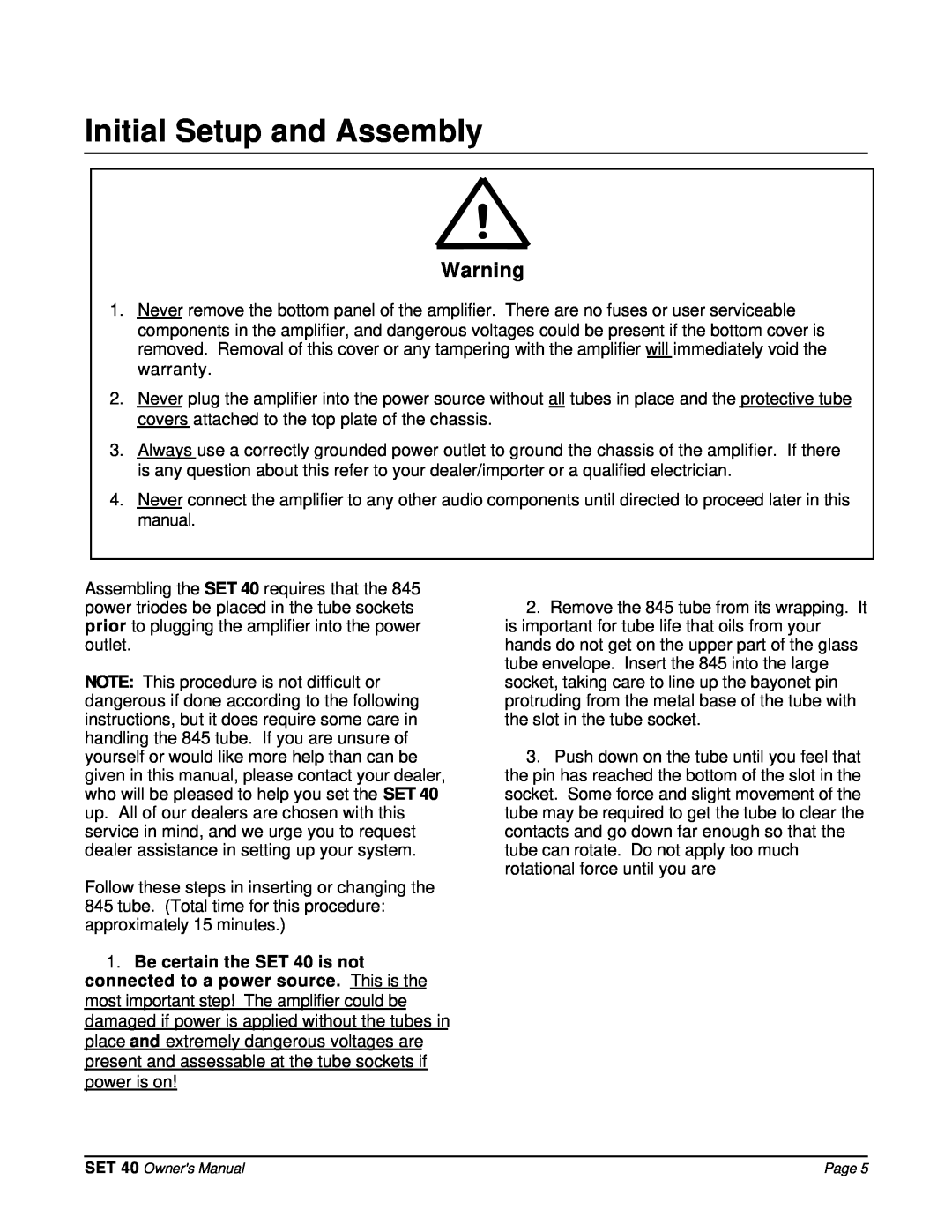 Bel Canto Design SET 40 manual Initial Setup and Assembly 